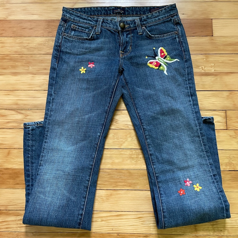 People 4 Peace Embroidery Women Jeans Size 27 Made in USA Butterfly and Flower